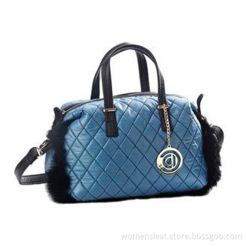 Blue Genuine Fur Trimmed Quilted Nylon Tote Bag with PU Lea